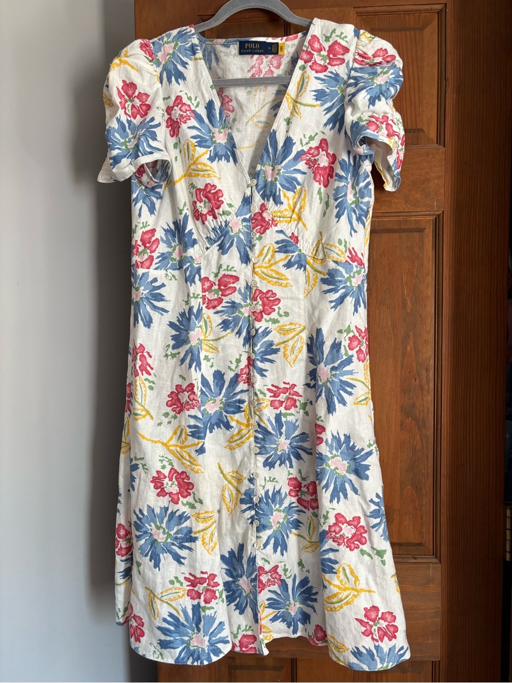 Polo Ralph Lauren Size 12 Floral Print Short Sleeve 100% Linen V-neck Day Dress